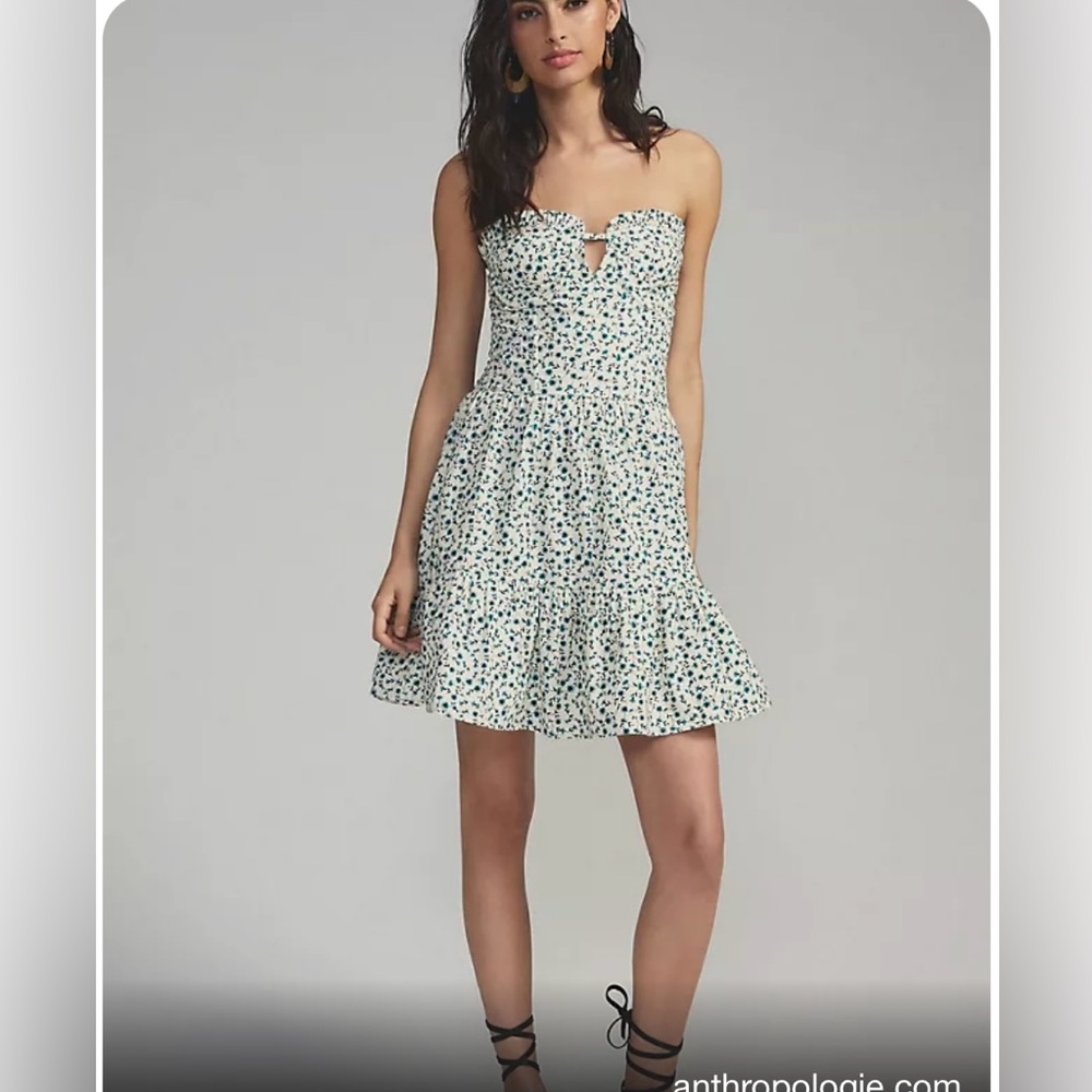 Anthropologie White and Blue Floral strapless Mini Dress “forever that girl”